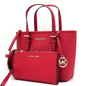 Michael Kors Jet Set Travel Extra-Small Top Zip Tote Bag & Double Zip Wallet Red
